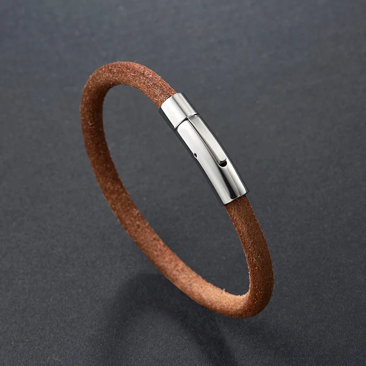 Korean Version of Simple Retro Stainless Steel Snap Bracelet Mens Bracelets Hidden Safety Clasp None Trendy Classic Leather