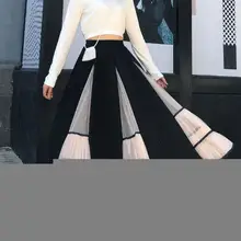 Новинка, женские осенние плиссированные юбки, завышенная эластичная талия, контрастные цвета, весенние юбки, модные длинные юбки в сеточку
