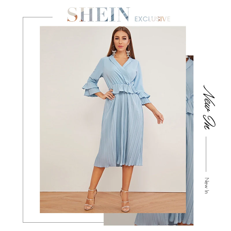 SHEIN/синее плиссированное платье с оборками, рукав-волан, воротник-шаль, женское осеннее однотонное платье трапециевидной формы с высокой талией, элегантные длинные платья