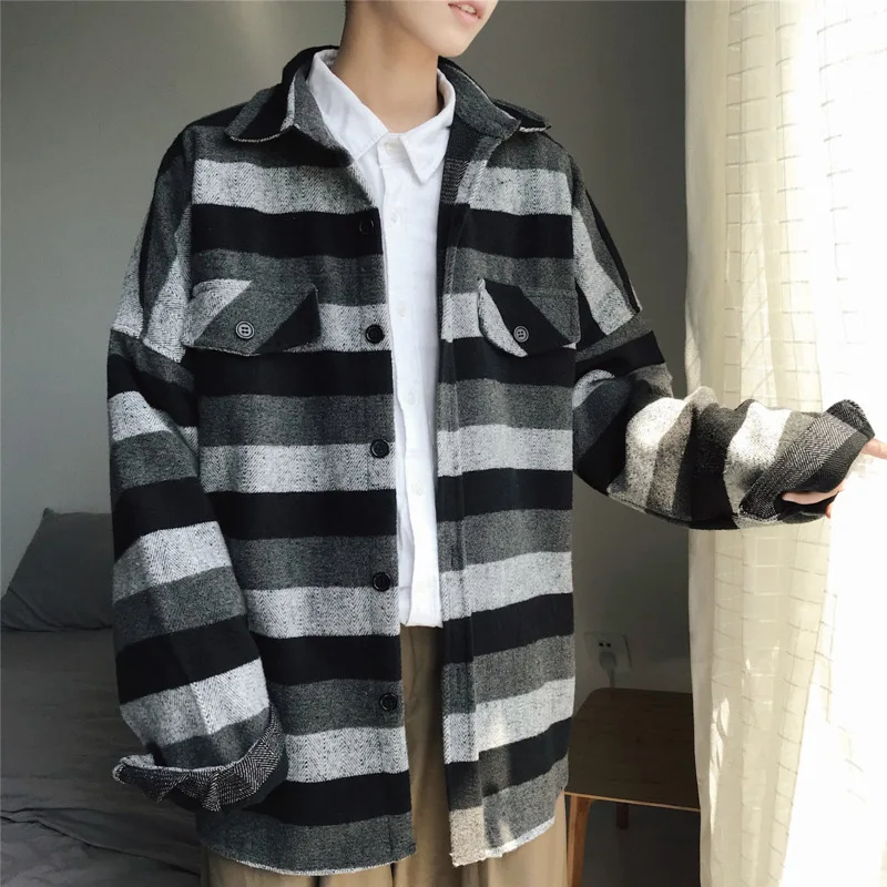 

Spring Striped Shirt Men's Fashion Contrast Color Casual Shirt Jacket Men Streetwear Wild Loose Long Sleeve Shirts Coat Mens