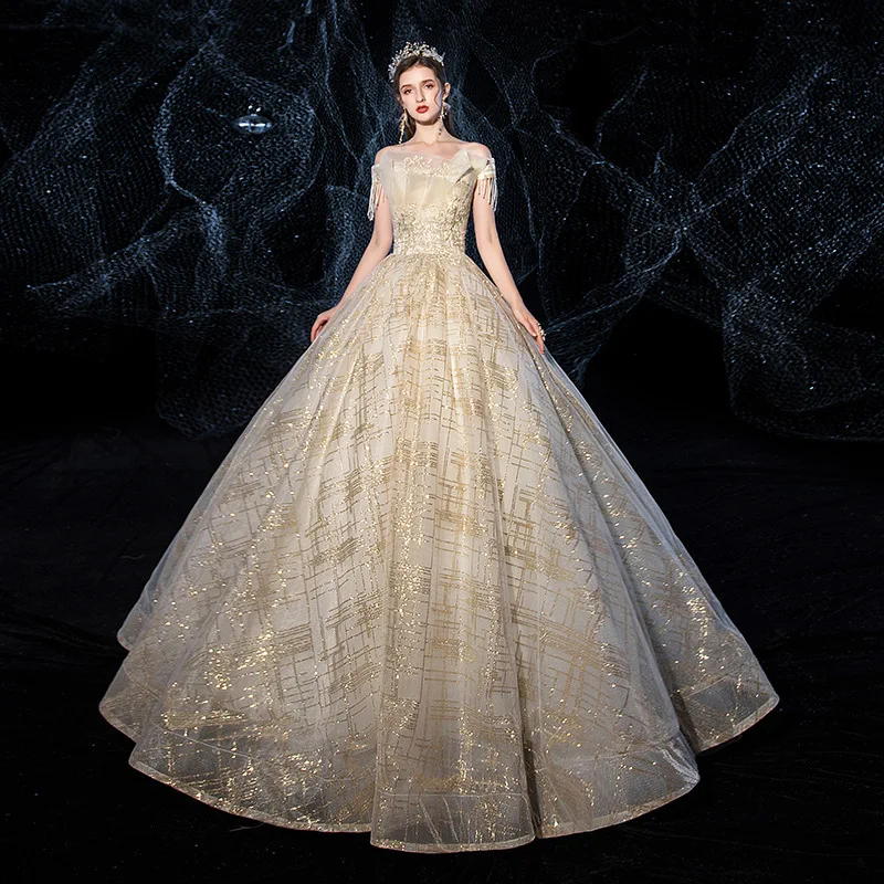 Luxury Champagne Sequin Wedding Dress 