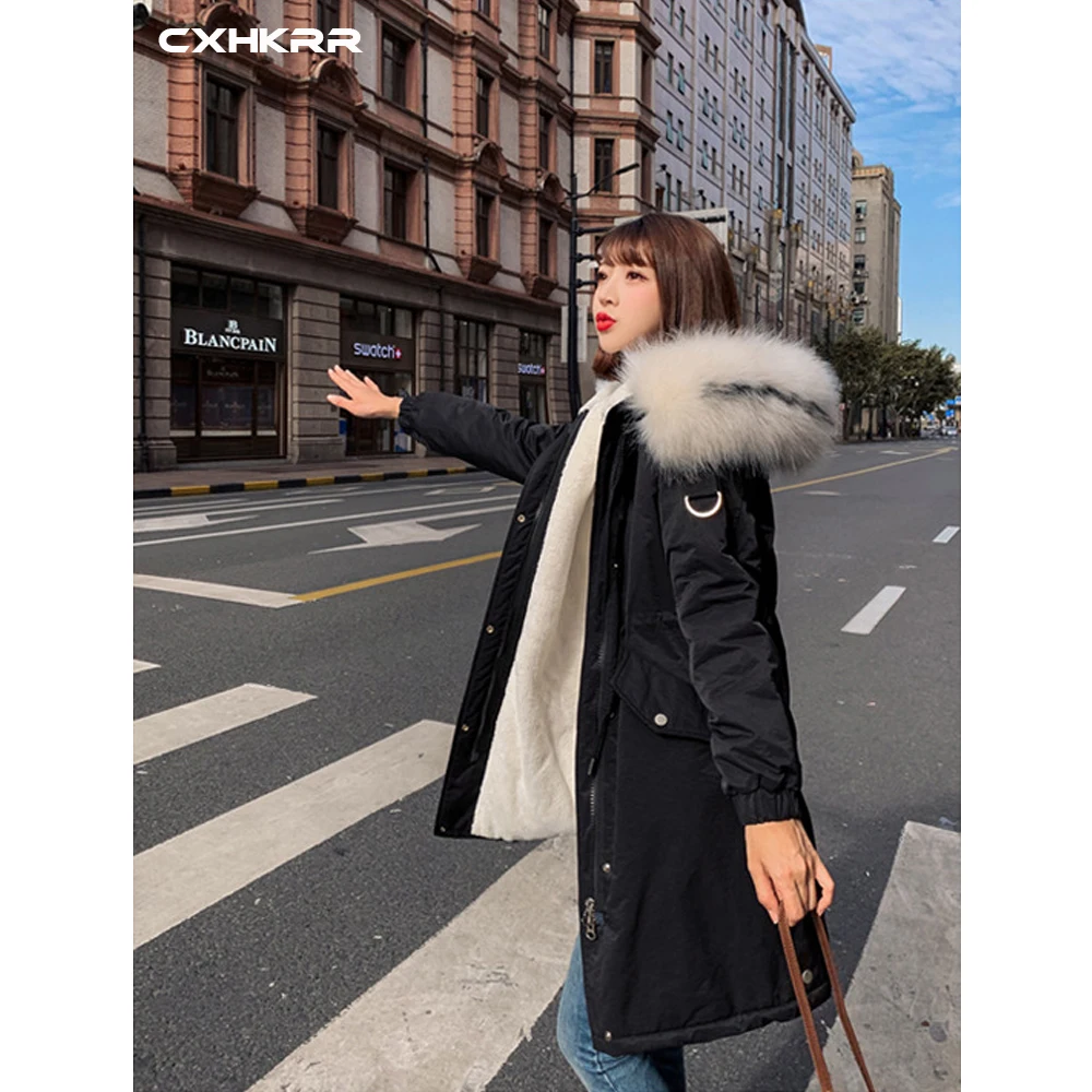 CXHKRR Fashion Long Parka Coat Jacket Oversized Cotton Jacket Women Winter Faux Fur Collar Hooded Jacket Cotton Women