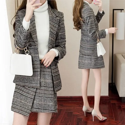 

[Every Day Special] Korean-style Fashion Slim Fit Slimming Thousands of Birds Sub-Suit Jacket Small A- line Skirt Two-Piece Set