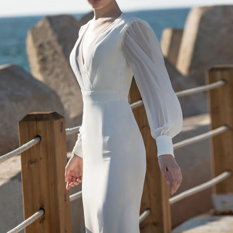Lantern Sleeve Deep V-Neck Collar Vintage Hepburn Long Dress Women High Waist Backless White Sexy Dress Female Party Dress