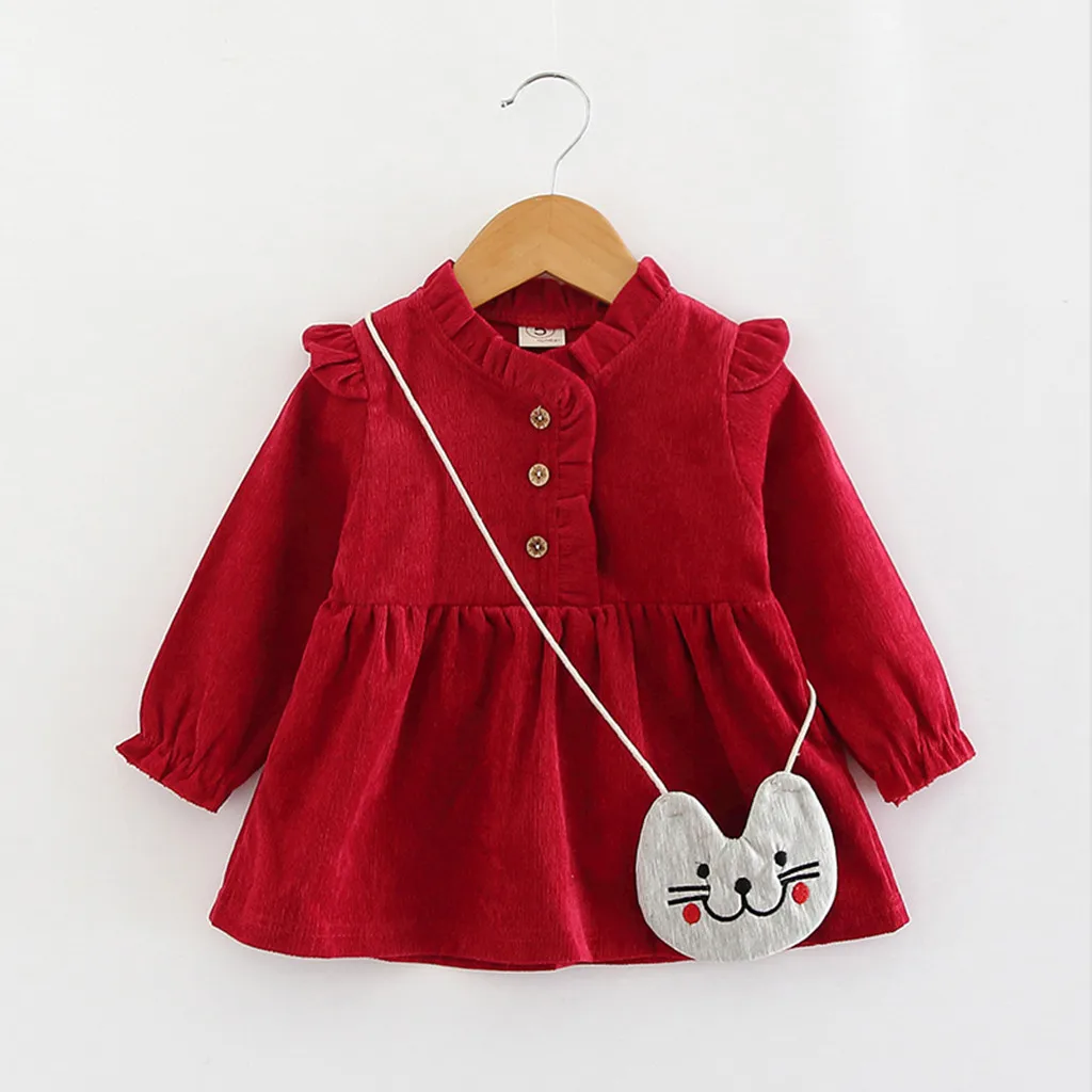 Платье для маленьких девочек vestido Infantil Menina فساتين اطفال осеннее модное платье с длинным рукавом, сплошной оборкой платье принцессы+ сумочка, Комплект одежды