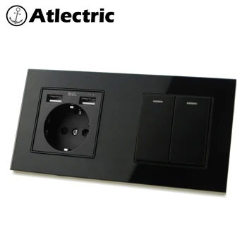 

Atlectric DE/EU/RU Power Wall Socket With Dual Usb Charging Ports 1/2/3/4 Gang Light Switch Lamp Light Double Socket Glass Frame