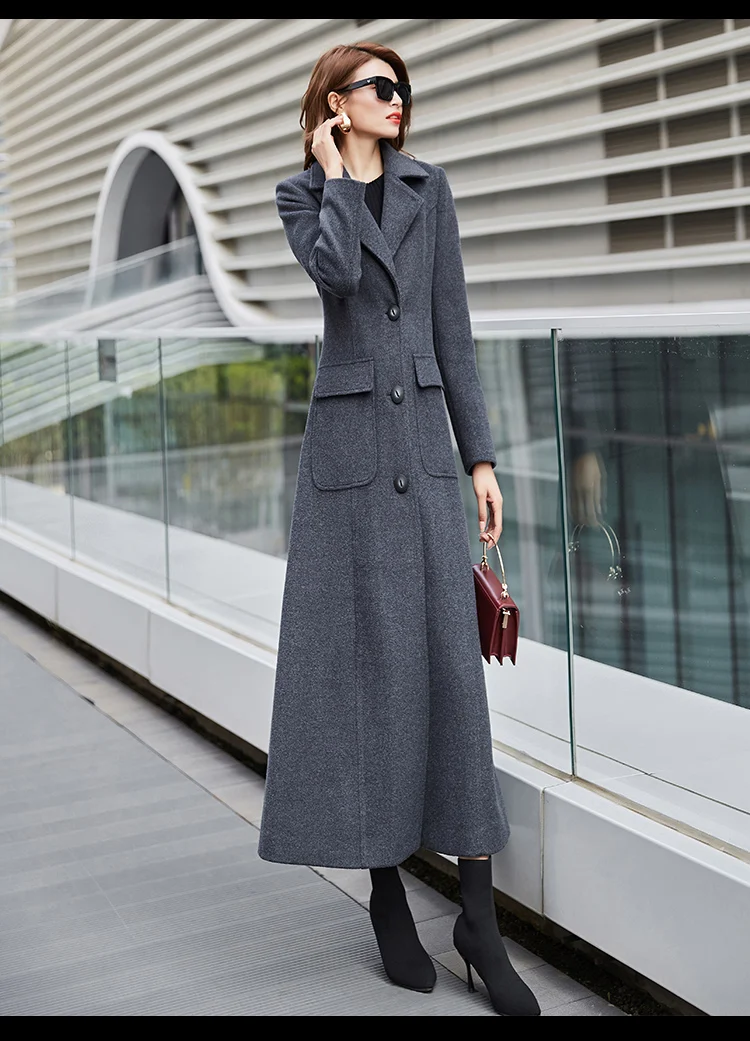 Autumn New Elegant Slim Dark Gray Thicken Wool Coat Female Turn-down Collar Single-breasted Outwear Plus Size Winter Long Coat