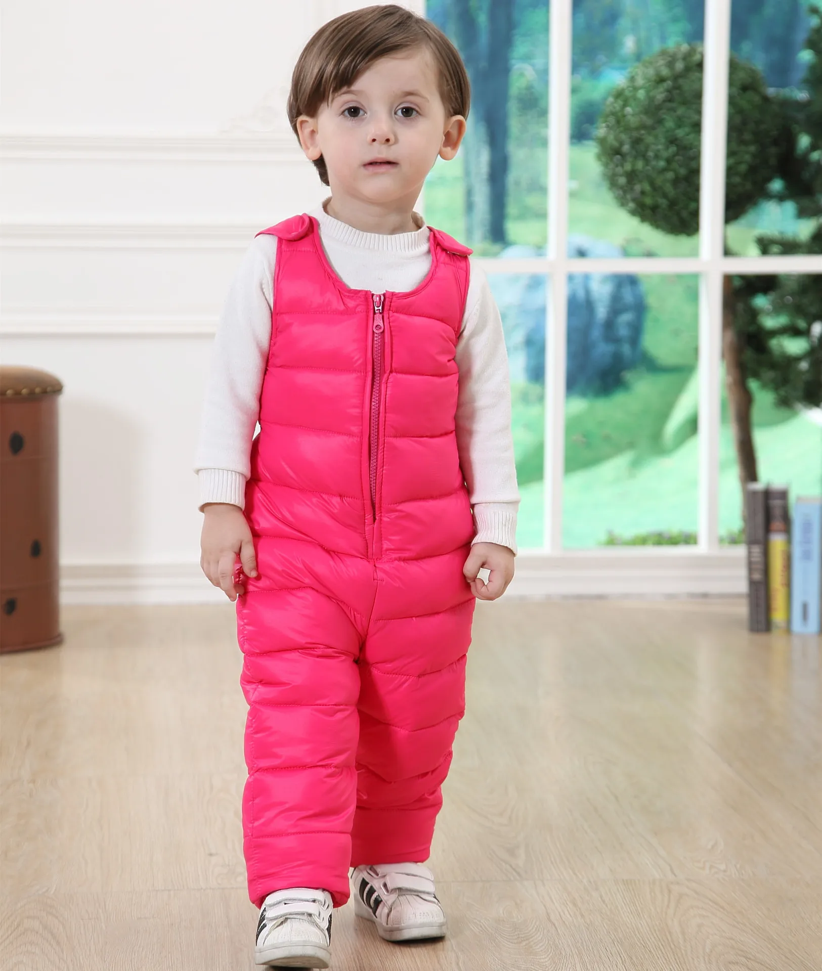 Plus Velvet Warm Children's Down Pants Boys Girls Baby Winter Outdoor Sport Thermal Padded Trousers Can Be Open Crotch Jumpsuit - Цвет: Rose Red