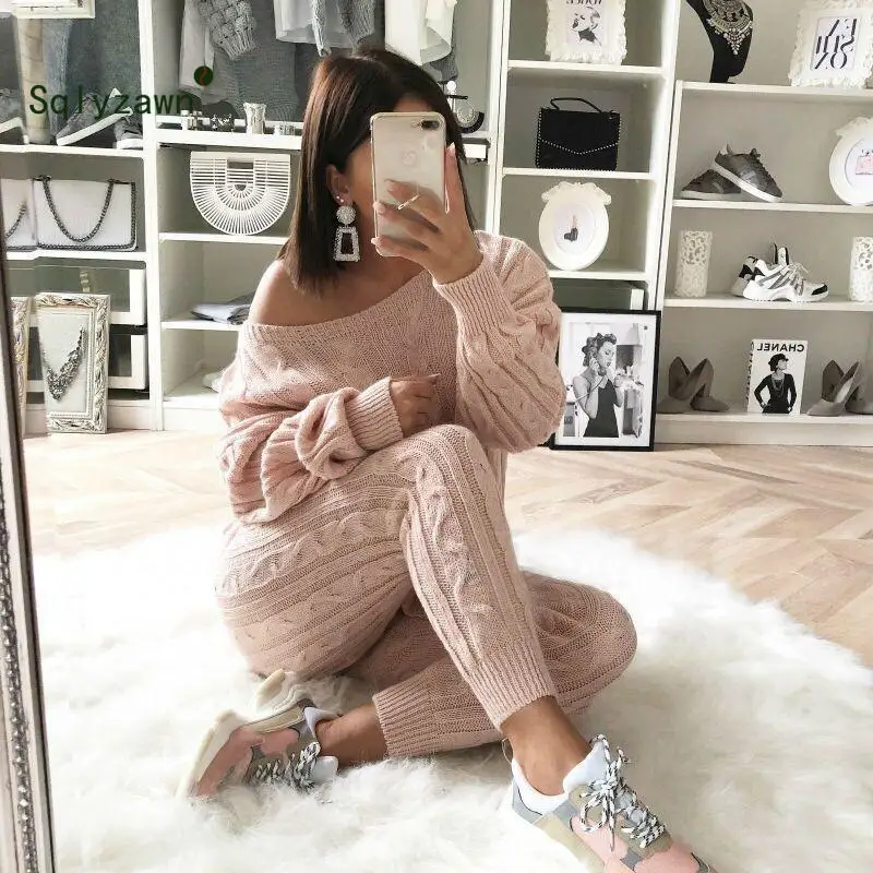

Autumn Winter Women Warm Knitted Two Piece Set Sweater Tops Pants Thick Wool Knit One Shoulder Long Sleeve Casual Suit Plus Size