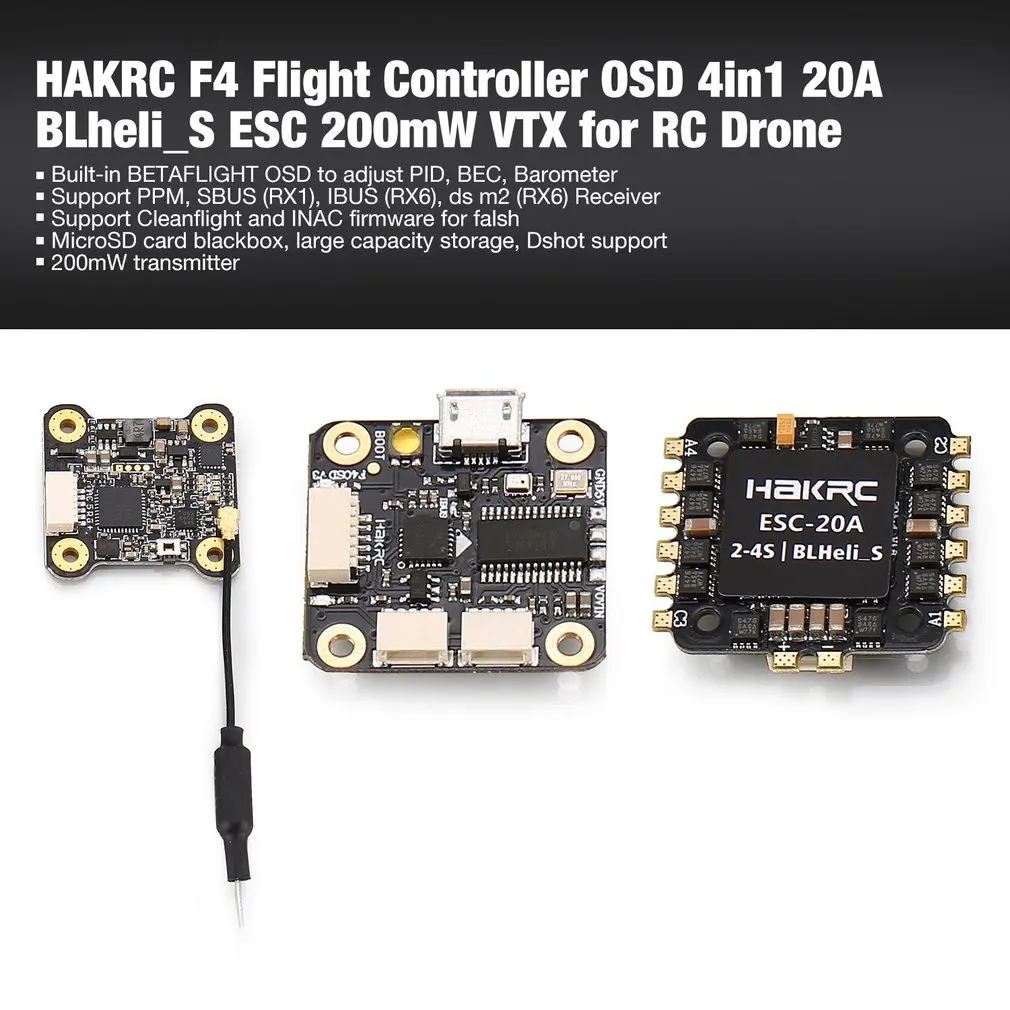 

HAKRC F4 Flight Controller Tower with Betaflight OSD BEC 4in1 20A BLheli_S ESC 200mW VTX for RC Racing Quadcopter Drone