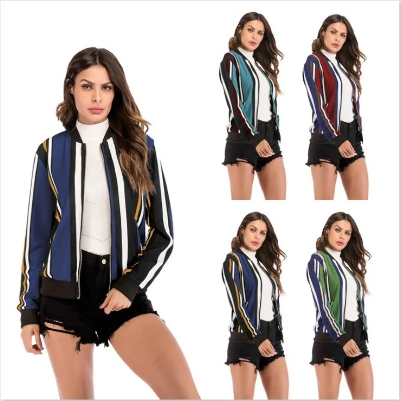 

2020 Fall/winter New Coat Women's Coat Long-sleeved Casual Striped Jacket Women's Color Matching Baseball Uniform Bomber Jacket