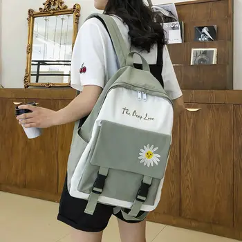 

Women School Backpack for Teenage Girls School Bags Fashion Panelled Flower Alphabet Design Bookbags Nylon Green Teen Schoolbag