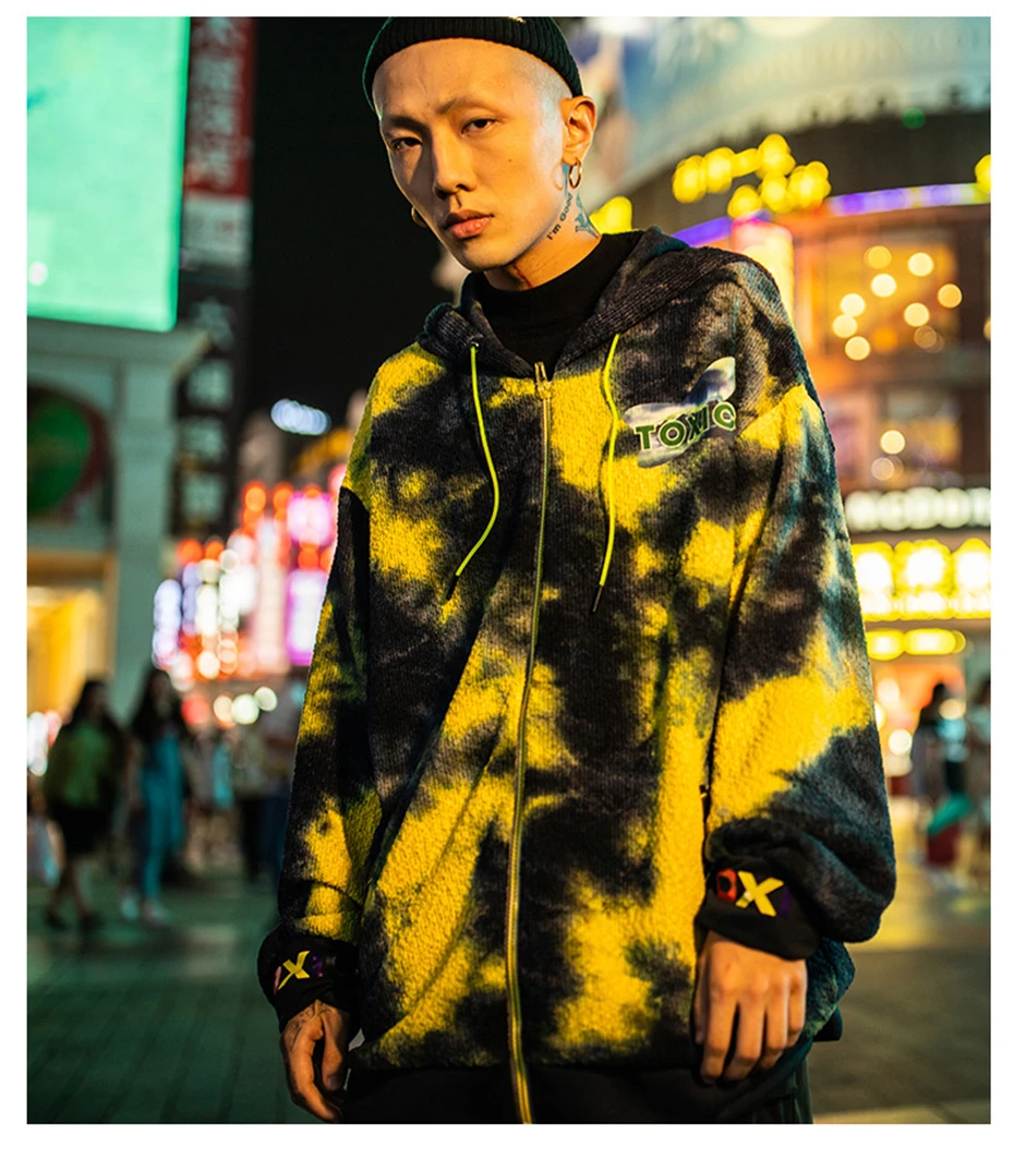 Новинка, мужские толстовки и свитшоты с принтом Tie Dye, свободная молния, хип-хоп стиль, Повседневная Уличная одежда, худи, пальто, мужская одежда MG394