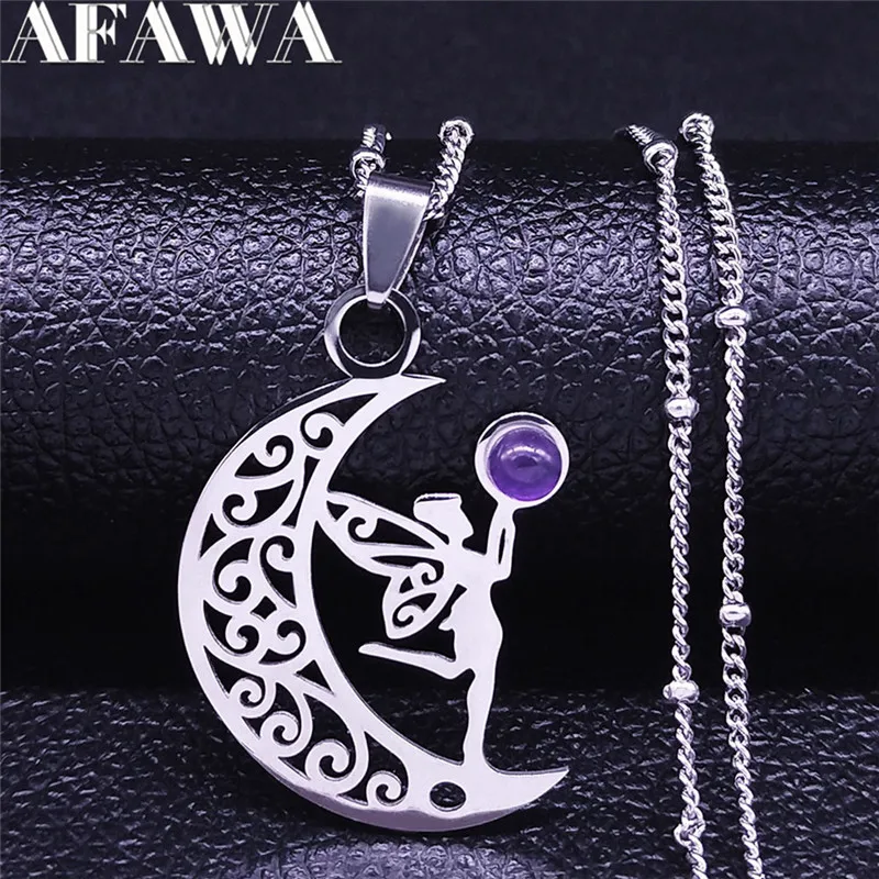 Witchcraft Moon Elves Angel Fairy Wings Necklace Purple Crystal Stainless Steel Tree of Life Necklaces Elf Jewelry bijoux femme