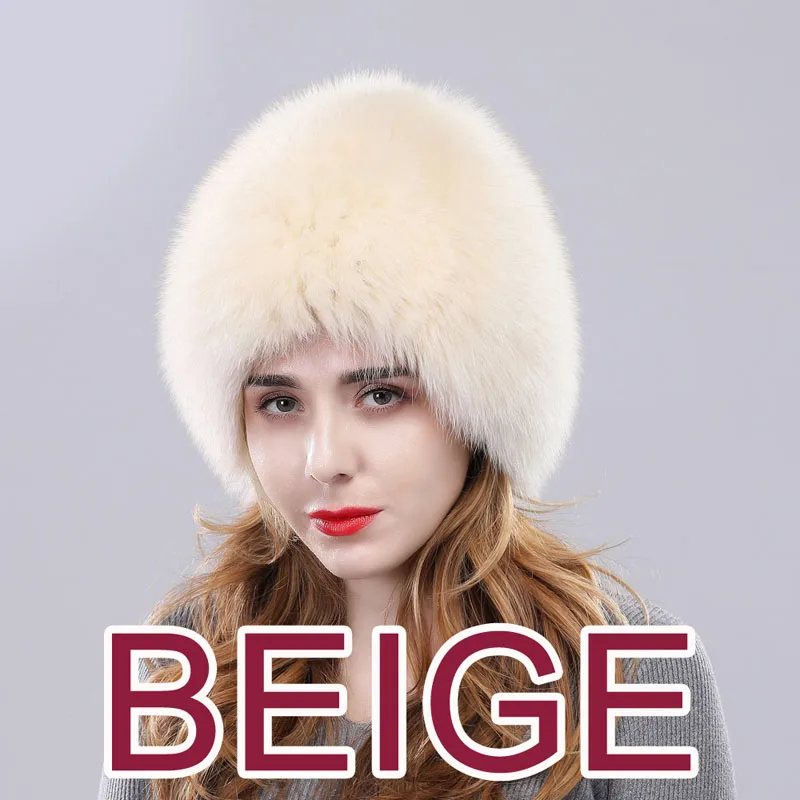 Women fur hat for winter natural fox fur cap russian female real silver fox fur headgear brand new fashion warm beanies cap - Цвет: beige