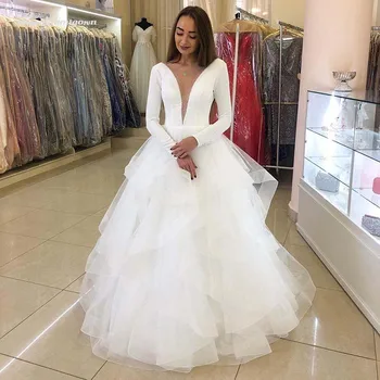 

2020 Sexy Crepe Wedding Dresses Long Sleeves Backless Ruffles Deep V neck Wedding Reception Dress Ball Gown Bridal Gowns