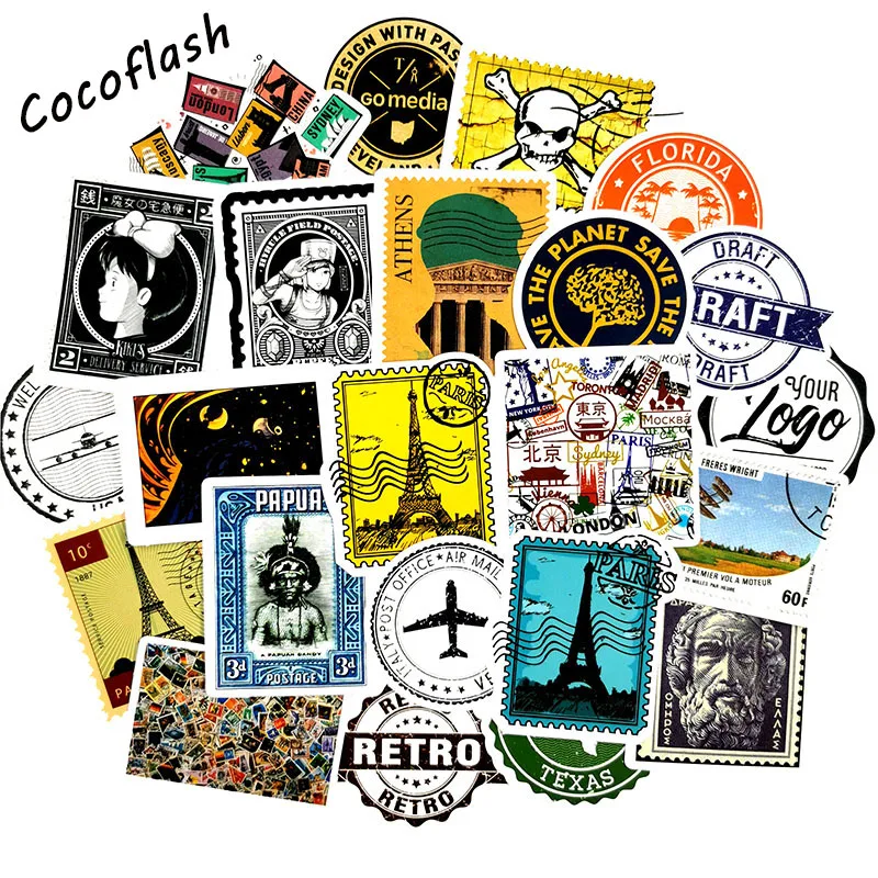 50Pcs Vintage Landmark Building Stamp Stickers Toys Decals For Suitcase Laptop Luggage Water Bottle Phone Multiple Stamp Styles