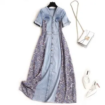 

Vintage Denim Dress Vestidos 2020 New Summer Casual Short sleeve Printing Denim Dress High quality Fashion Women Dress JK145