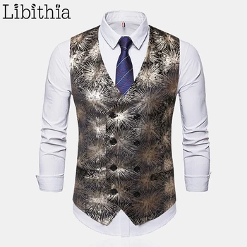 

Mens Print Suit Vest Sleeveless Fashion Casual Party Work Stage Clothes Male M-3XL Golden Sliver Colors A134