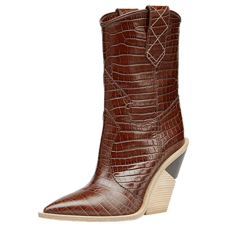 Коричневый Fashion Pointed-Toe Chunky High Heel Bootie Women's Mid-Calf Wedges Boots Autumn Winter Women Boots Stage Shoes Size 35-44 - Цвет: Коричневый