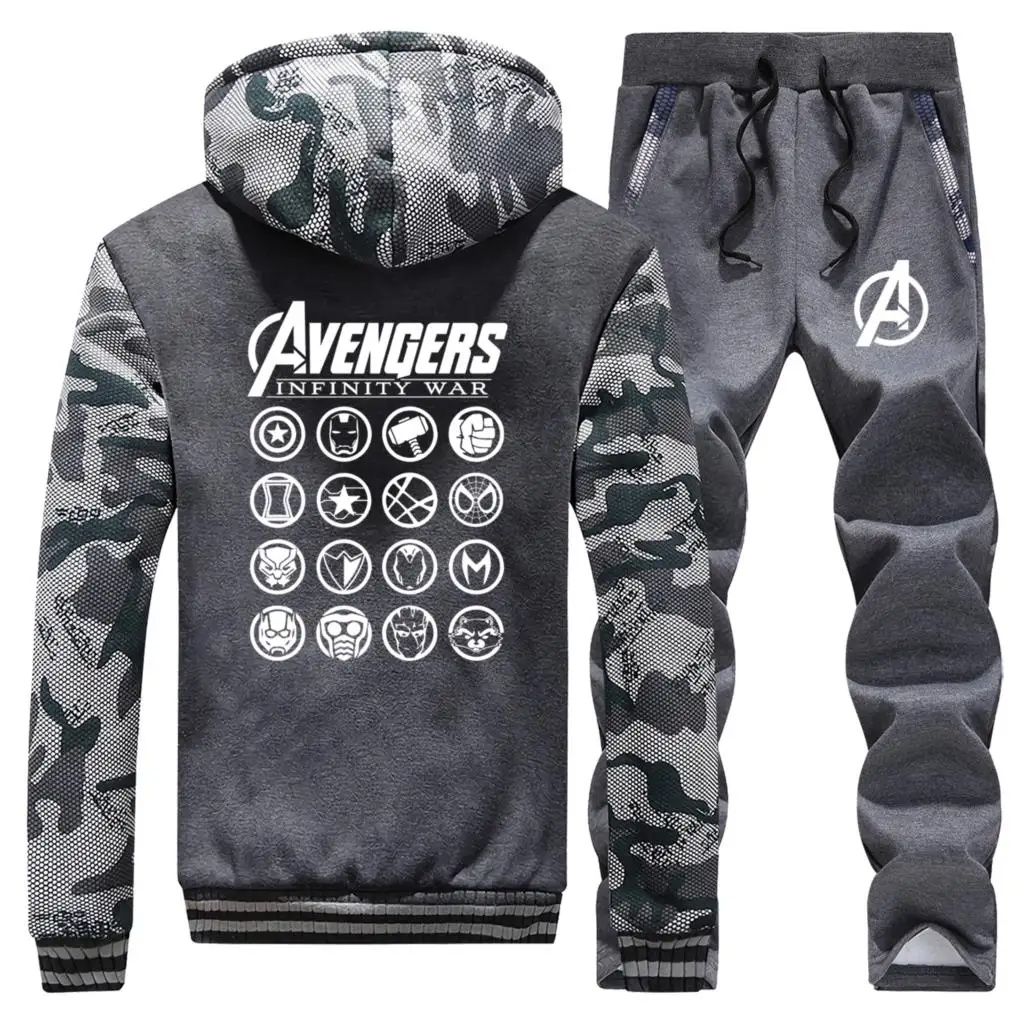 Модные камуфляжные толстовки с логотипом Marvel, Мстители, Зимние флисовые толстовки с капюшоном Marvel Infinity, комплекты штанов, мужская повседневная спортивная одежда