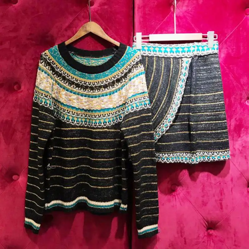 

Red RoosaRosee Designer Runway Women Autumn Spring Stripes Long Sleeve Knitted Sweater Mini Skirt 2 Piece Set Elegant Lady Suit