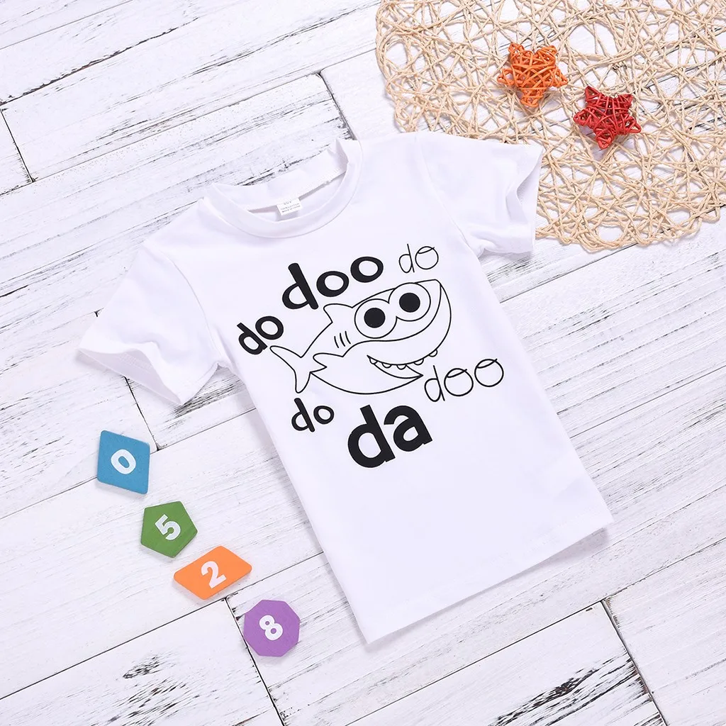 

Fashion Children's girls clothes cotton o-neck Kids Baby Short Sleeve Cartoon Letter Shark Print Tops T-shirt Free shipping H5