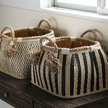 

Handmade Woven laundry basket Retro hemp rope handle straw woven striped toy storage basket
