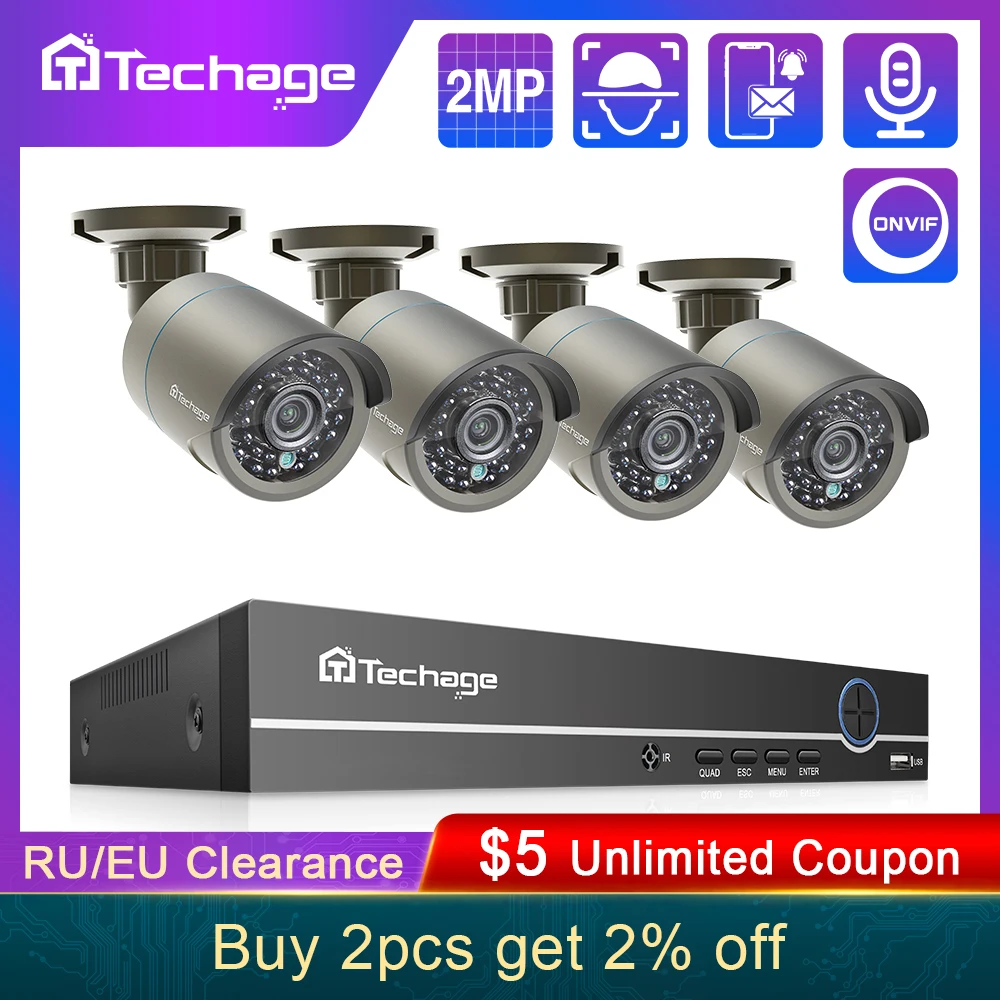 Techage 8CH 2MP H.265 HD POE NVR Kit CCTV Security System 1080P IR Outdoor Audio Record IP Camera P2P Video Surveillance Set