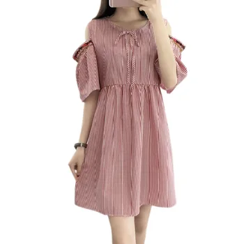 

Summer Autumn Women Casual Striped Dress Plus Size Off Shoulder Short Flare Sleeve Dress Vestidos 3XL-M