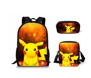 

Fashion 3PCs/Set Children's Backpack Cartoon Pikachu Anime School Bags Set Kawaii Pikachu Pattern Tennagers Book Bags