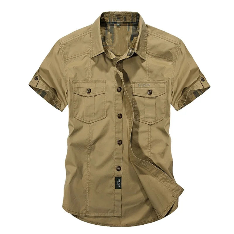 Повседневная мужская приталенная рубашка в стиле милитари, армейский зеленый цвет, мужская рубашка цвета хаки с коротким рукавом из хлопка, дизайнерская дышащая брендовая рубашка