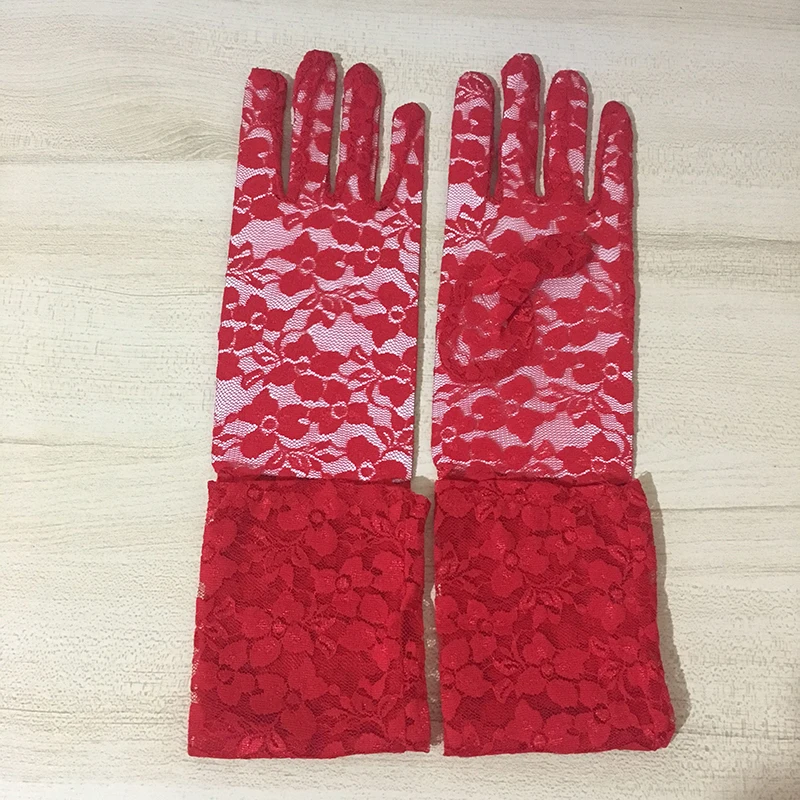 Женские длинные тонкие перчатки черные красные белые кружевные с цветочным