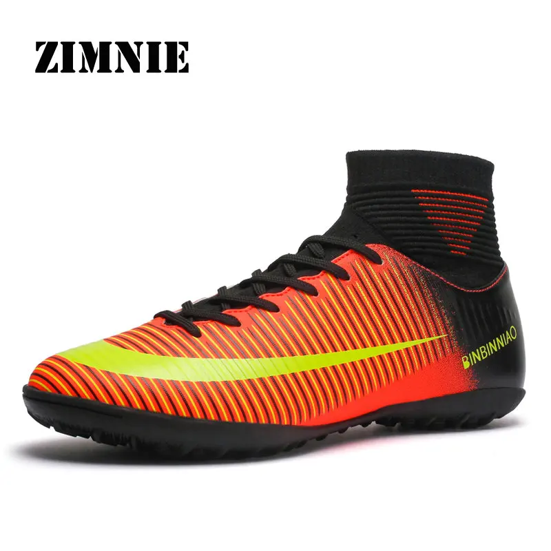 ZIMNIE Turf Black Men Soccer Shoes Kids Cleats Training Football Boots High Ankle Sport Sneakers Size 35-45 Dropshipping - Цвет: 01 Orange