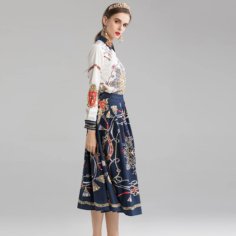VERDEJULIAY Runway Women Sets Spring Autumn New Luxury Beading Turn-Down Blouse Top+Blue Pleated Skirt Flower Print Sets