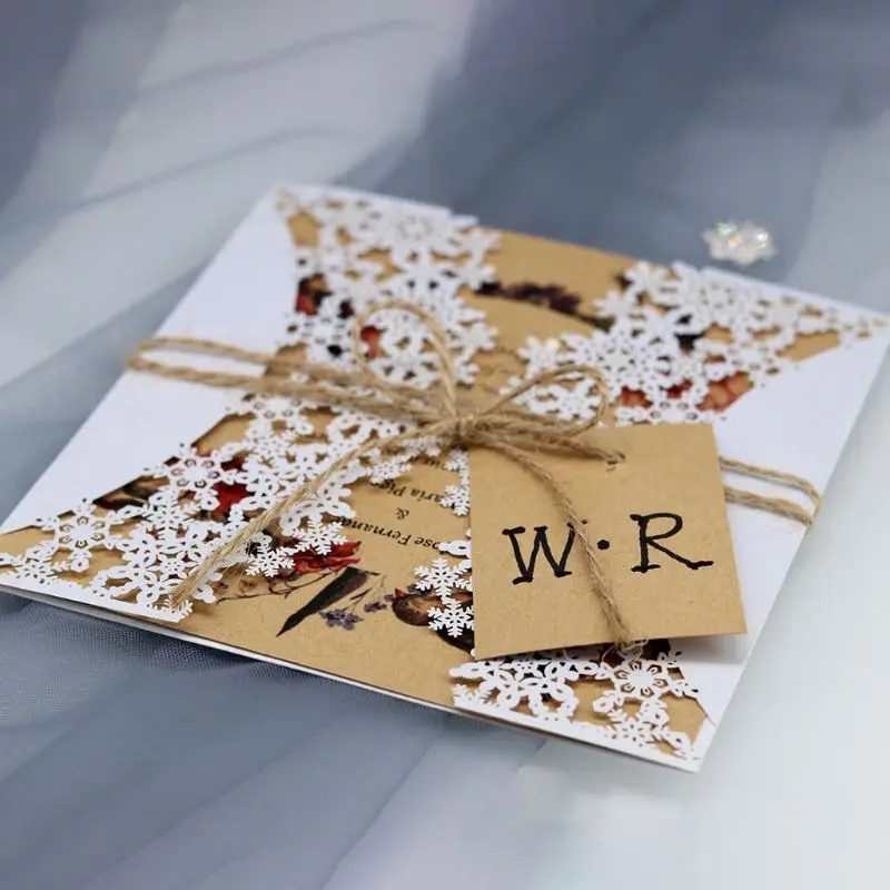 10pcs/set Snowflake Laser Cut Hollow Wedding invitations Cards Lace Hemp Rope Invite Envelopes For Engagement Bridal Shower E65B
