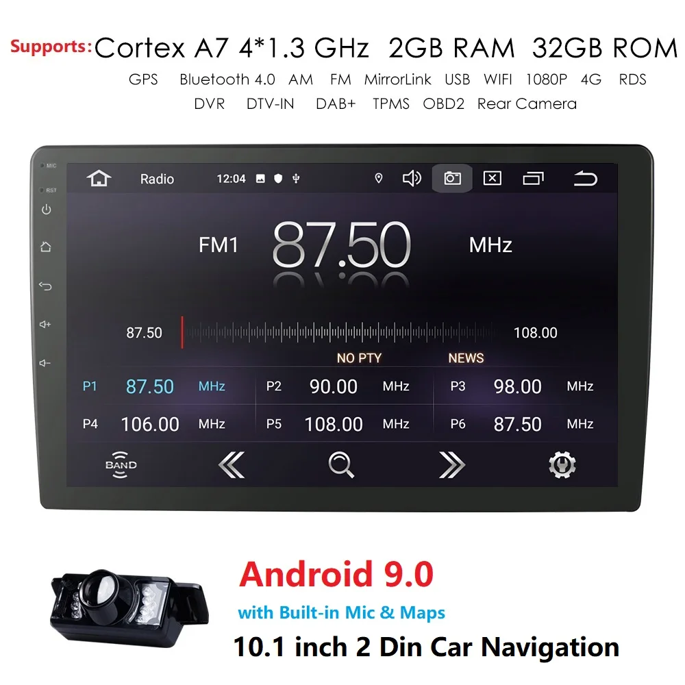

10.1 Inch Car Multimedia Player Android 9.0 Quad Core 2 DIN Car Stereo Radio 1024*600 Bluetooth WIFI Mirrorlink RDS DAB+ Camera