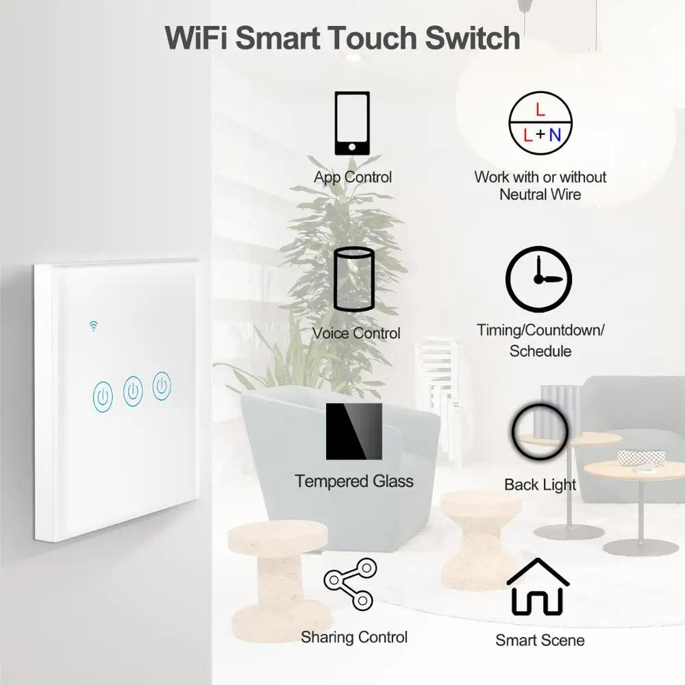 Tuya Smart Wifi сенсорный светильник Переключатель ЕС 220V без нейтральный провод