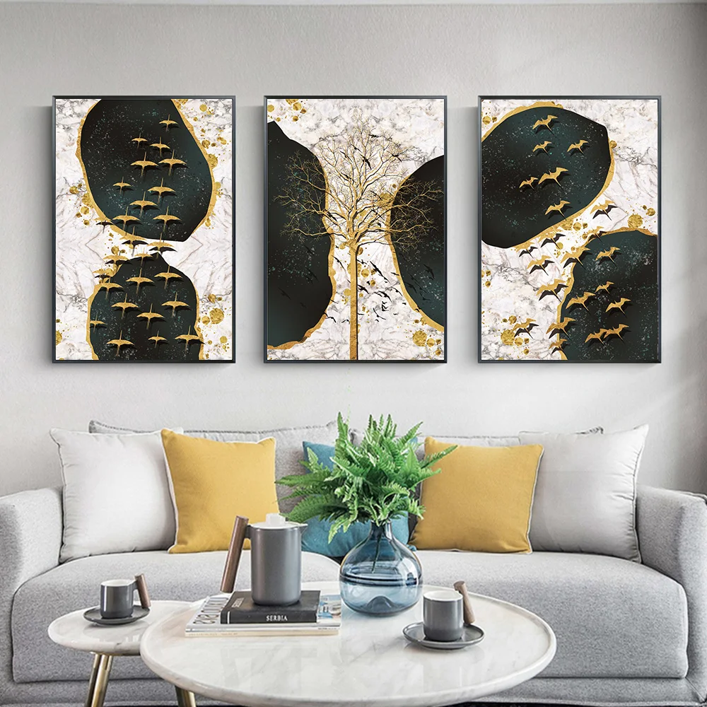 Nordic Light Luxury Gold Birds Mountain Canvas Paintings Wall Art Poster Stampe Murali Decorative Per Soggiorno Decorazioni Per La Casa