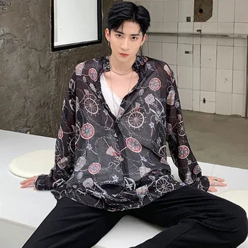 

Men Long Sleeve Stand Collar Loose Casual Print Thin Shirt Sunscreen Coat Male Streetwear Hip Hop Lovers Shirts Cardigan