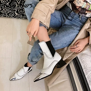 

2020 winter new women's boots top layer cowhide pointed thick heel elastic band mid-calf brogues fashionable Oxford shoes