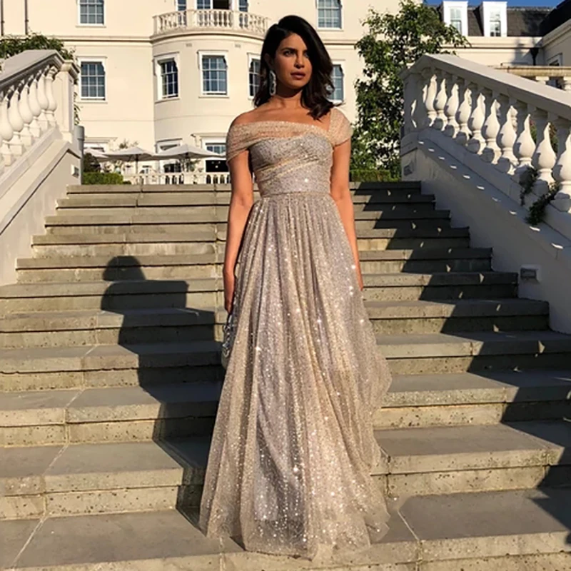 

Eightree A Line Shinny Prom Dresses Sequins Backless Formal Prom Party Dresses Long Floor Length Off the Shoulder Formal Gown