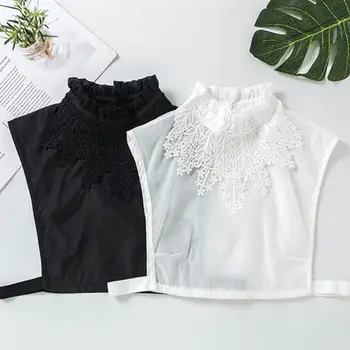 

Women Girl Blouse Fake Ruffle Stand Collar Crochet Floral Lace Applique Decor Solid Color Detachable Ladies Stretchy Half Shirts