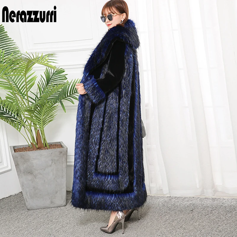Nerazzurri Экстра длинное зимнее пальто из искусственного меха подиумная Женская мода плюс Размер Уличная пушистое плотное теплое искусственная шубка большого размера искусственный мех женская одежда шуба 5xl 6xl