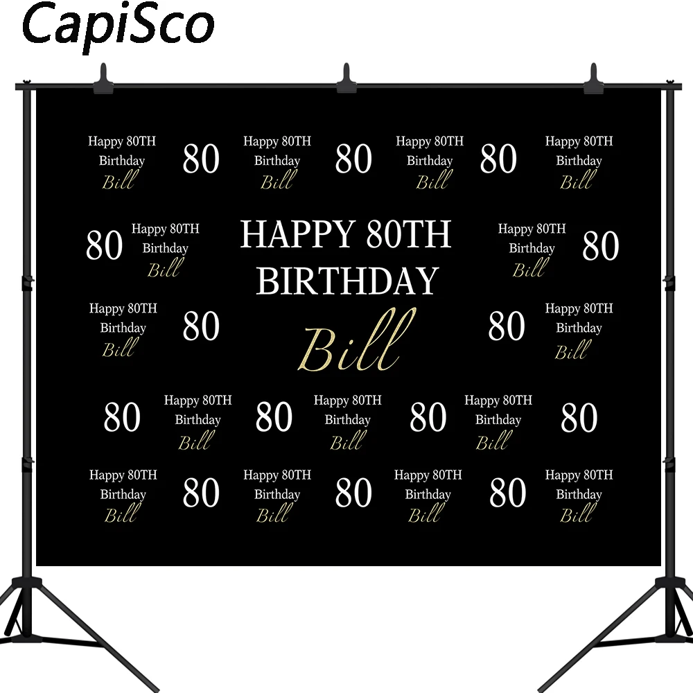 Fabric Banner Photo HOWAF Happy 80th Birthday Party Decoration Black And Gold 