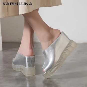 

KarinLuna 2020 New Arrivals Genuine Leather Women Slippers Wedges Med Platform Summer Outside Women Sandals