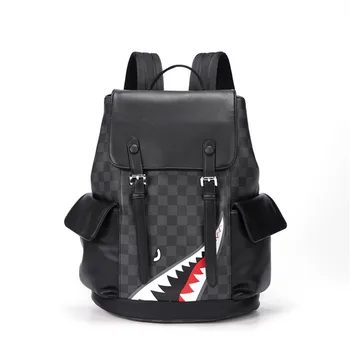 

High Quality Unisex Plaid Leather Backpack For Male Black Leather Backpacks Large Capacity Travel Laptop Mochila Men's Backpack