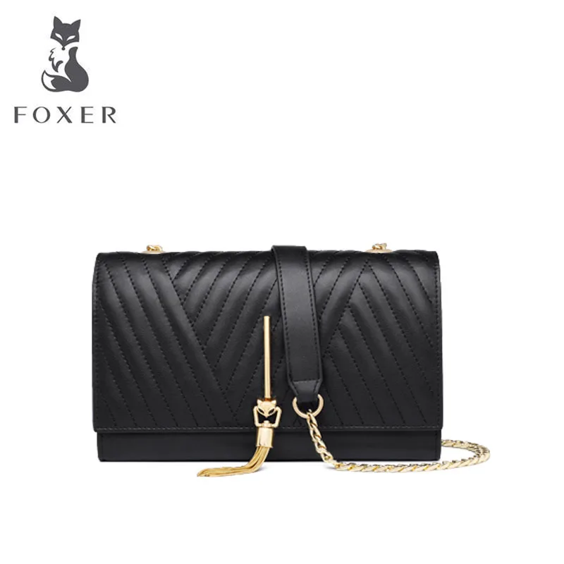 

FOXER luxury high quality popular tassel chain small square bag 2019 autumn new women's bag fashion wild shoulder Messenger bag