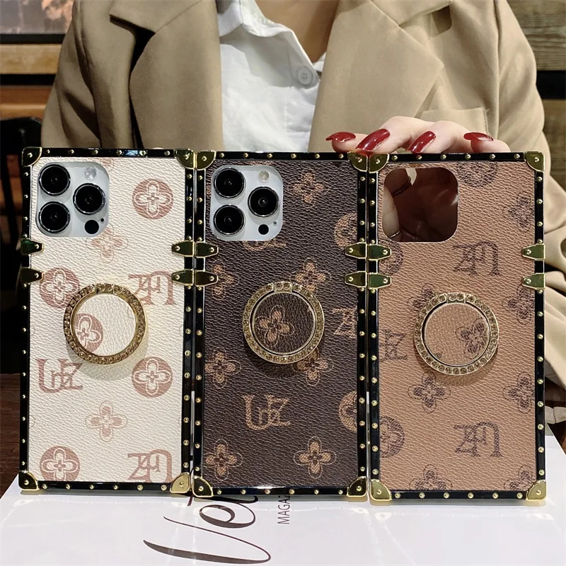 

Luxury Geometric Leather Square Phone Case For Samsung Galaxy A52 A72 A42 A32 A12 A21S A71 A51 A22 A91 Glitter With Ring Cover