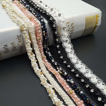 

10Yds DIY Clothes Decor Accessories Hand Sewing Lace Trimmings Pearl Beaded Lace Trim Mesh Rhinestone Trim